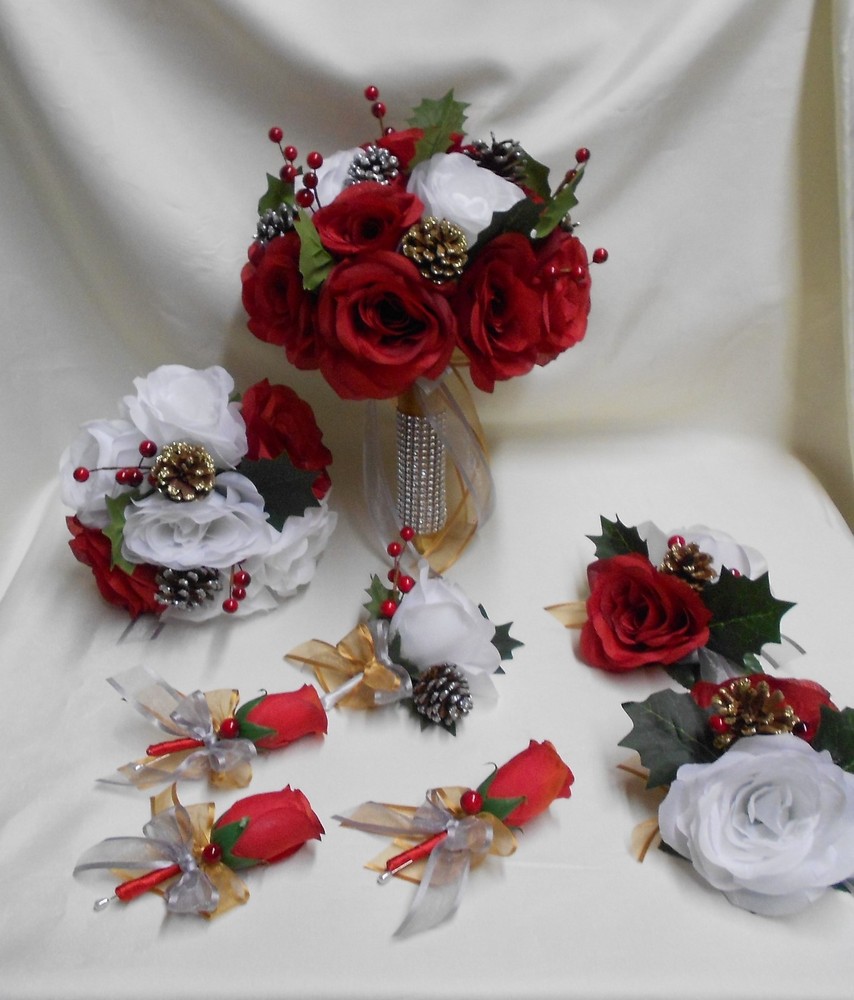 Wedding Bouquet Winter Christmas Silk Flower Bouquet Bridal Red White Pine Cone
