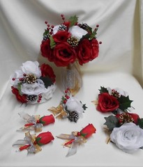 Wedding Bouquet Winter Christmas Silk Flower Bouquet Bridal Red White Pine Cone