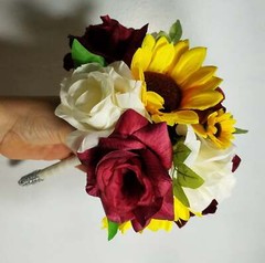 Burgundy Ivory Rose Sunflower Bridal Wedding Bouquet Accessories