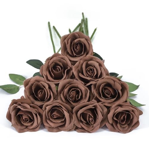 10pcs Fake Roses Artificial Silk Flowers Long Stems Bouquet for Mocha Brown