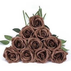 10pcs Fake Roses Artificial Silk Flowers Long Stems Bouquet for Mocha Brown