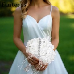 Real Touch Wedding Bouquet White Roses Crystal Bling Handle Silk Bridal Flowers