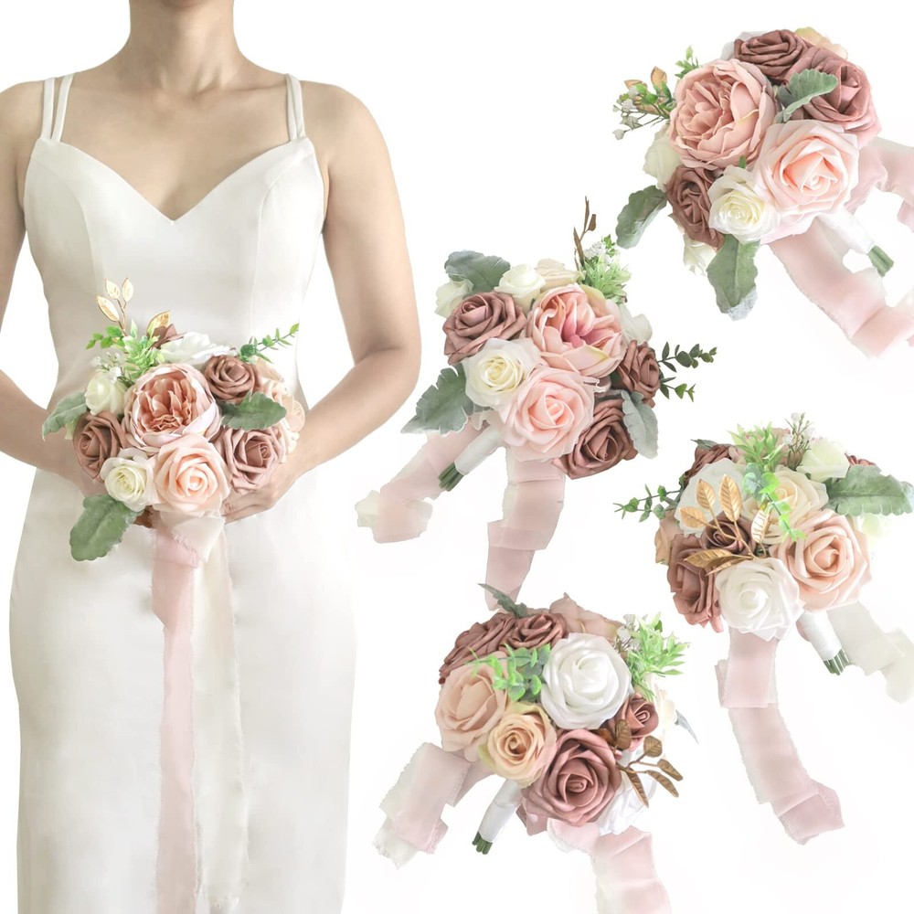 Lookein Bridesmaid Bouquet Set of 4 Boho Wedding Bouquet 7-Inch Fake Flower B…