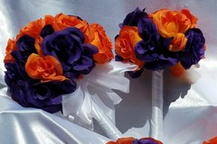 23 Pc Wedding Bouquet Set, Purple Roses, Orange Roses, White, Bouquet Package