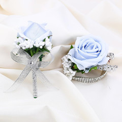 2Pcs Light Blue Rose Corsage and Men Boutonniere Set Women Wristlet Band Wris…