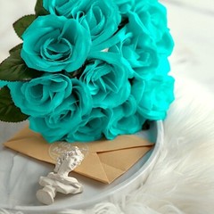 TURQUOISE 12″ tall Velvet Roses ARTIFICIAL FLOWERS Bouquet Wedding Decorations