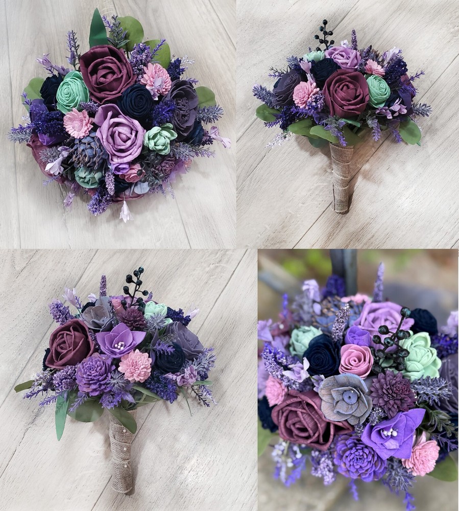Wildflower Bridal Bouquet Purple Plum Lavender Sola Wood Flower Navy Bridesmaid