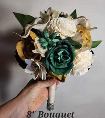 Hunter Green Ivory Gold Rose Sola Wood Bridal Wedding Bouquet Accessories