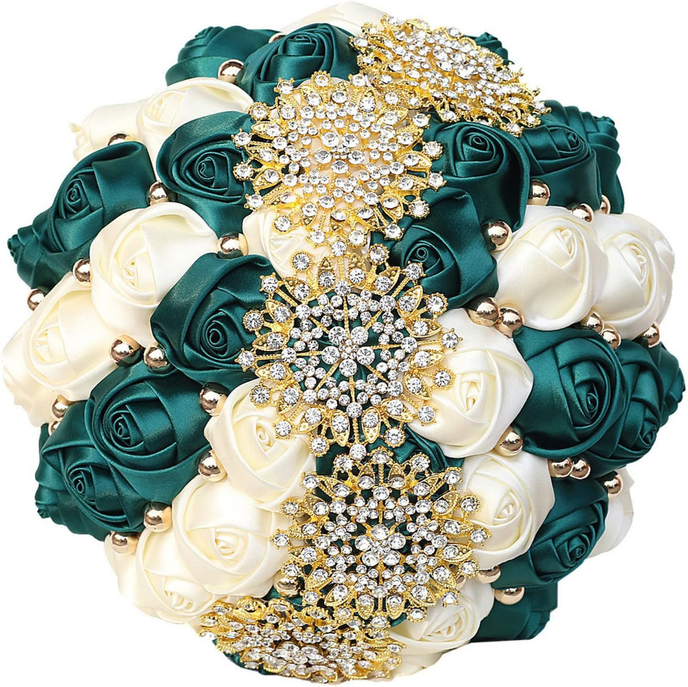 Emerald Green Ivory Bridal Wedding Bouquet with Gold Rhinestone Pearl for Quince