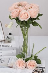 12pcs Roses Artificial Flowers Pink Fake Roses Flowers with Long 12PCS Blush