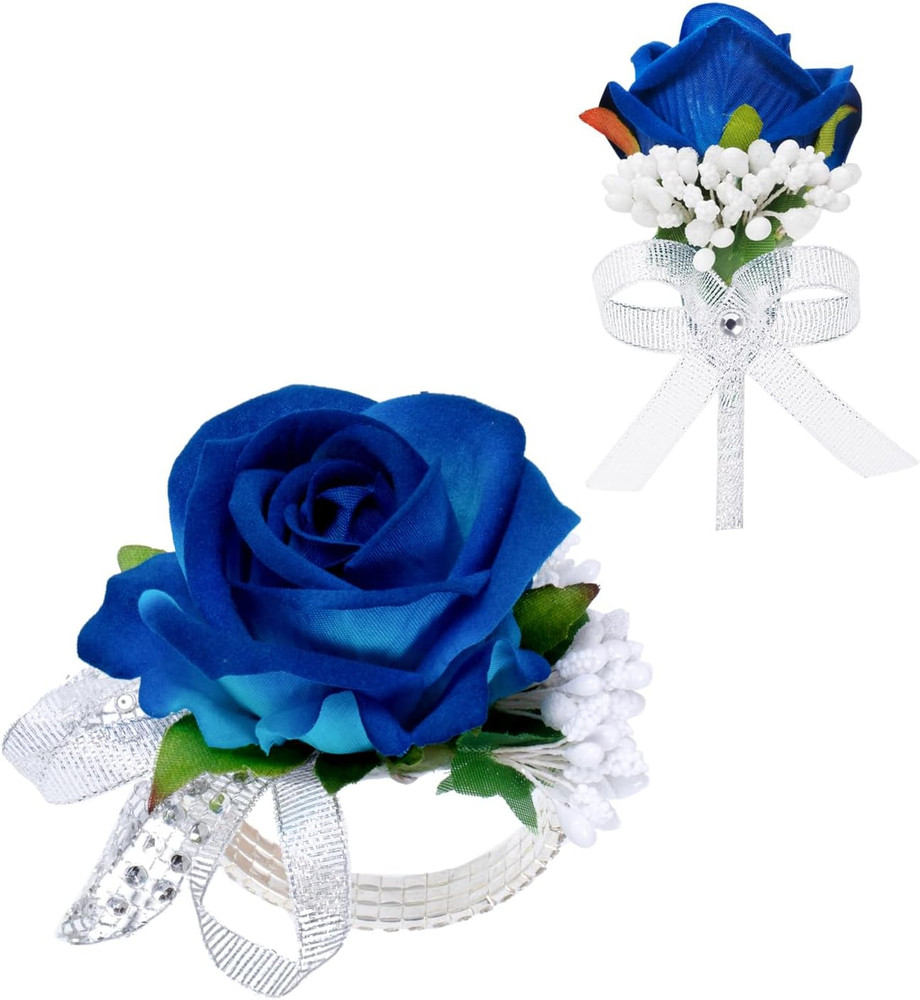 2Pcs Blue Rose Corsage and Boutonniere Set, Corsage Wristlet Band for Prom Suit