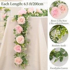 2Pcs 13Ft Artificial Eucalyptus Garlands with Flowers – 8 2 Pcs Pink Rose
