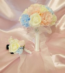 Bride Pearl Bouquet and Groom Boutonnière (Blue/Pink/ Ivory