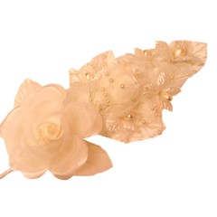 3 peach Silk Pearl & organza flower Corsages 5″x 2.5 with pearl pin