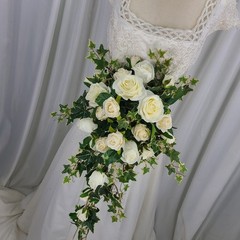 Creamy Rose and Ivy Cascade Faux Silk Wedding Bouquet