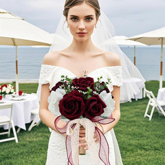 9in Wedding Bouquets for Bride Bridesmaid, Burgundy & White Artificial Roses Flo