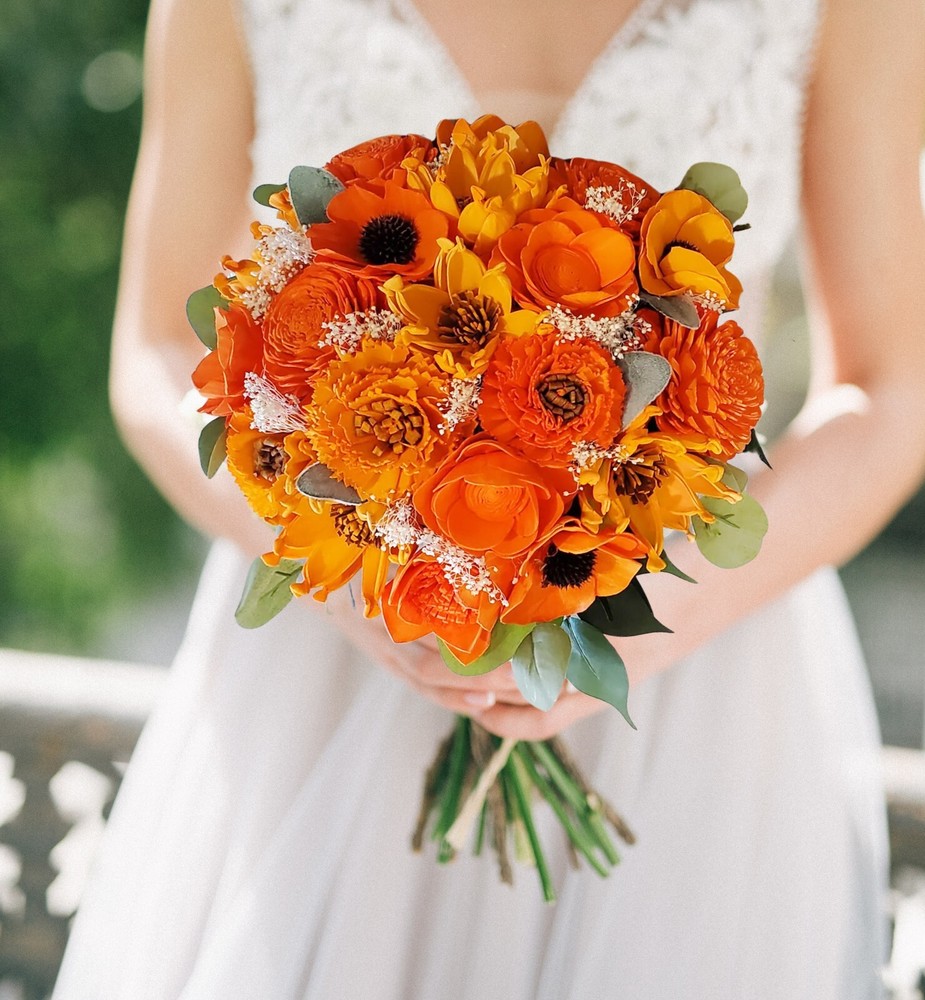 Bright Orange Bridal Bouquet Custom Sola Wood Bridesmaid Faux Wedding Flowers