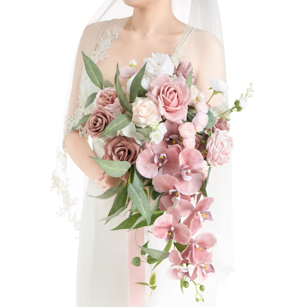 Ling’s Moment Dusty Rose Bridal Bouquet Cascading, 15 Inch Pink Orchids Weddi…