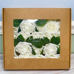 25 Ling’s Moment Artificial Foam Ivory Roses With Stems & Leaves NOB 25 Piece
