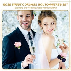 2Pcs Wrist Corsage Boutonnieres Set with White Ribbon, Champagne