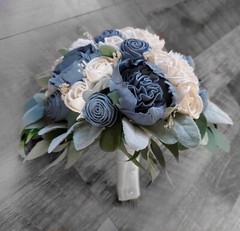 Dusty Blue Bridal Bouquet Ivory White Sola Wood Wedding Flowers Bridesmaid Prom