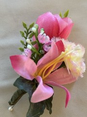 Silk Boutonnière, Astro, Tulip, & Carn, in shades of Pink. Prom Or Formal