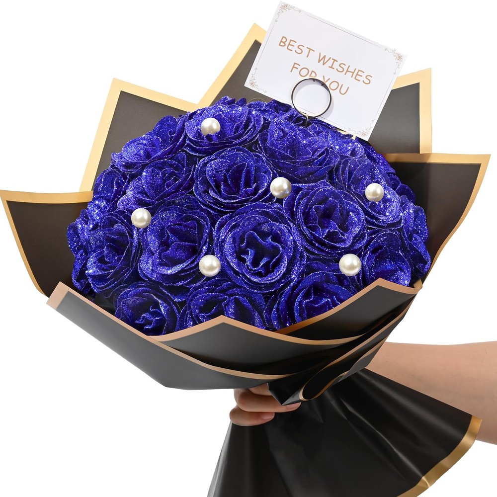 Waipfaru Blue Glitter Roses Bouquet, DIY Fake Flowers 24pcs,