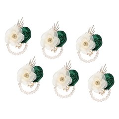 Pink corsage cuff, 6pcs flower wrist bracelets, dark green
