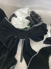 Wedding Bouquet Set, Black & White Roses, Black Velvet Bows, 21 Pc Flowers
