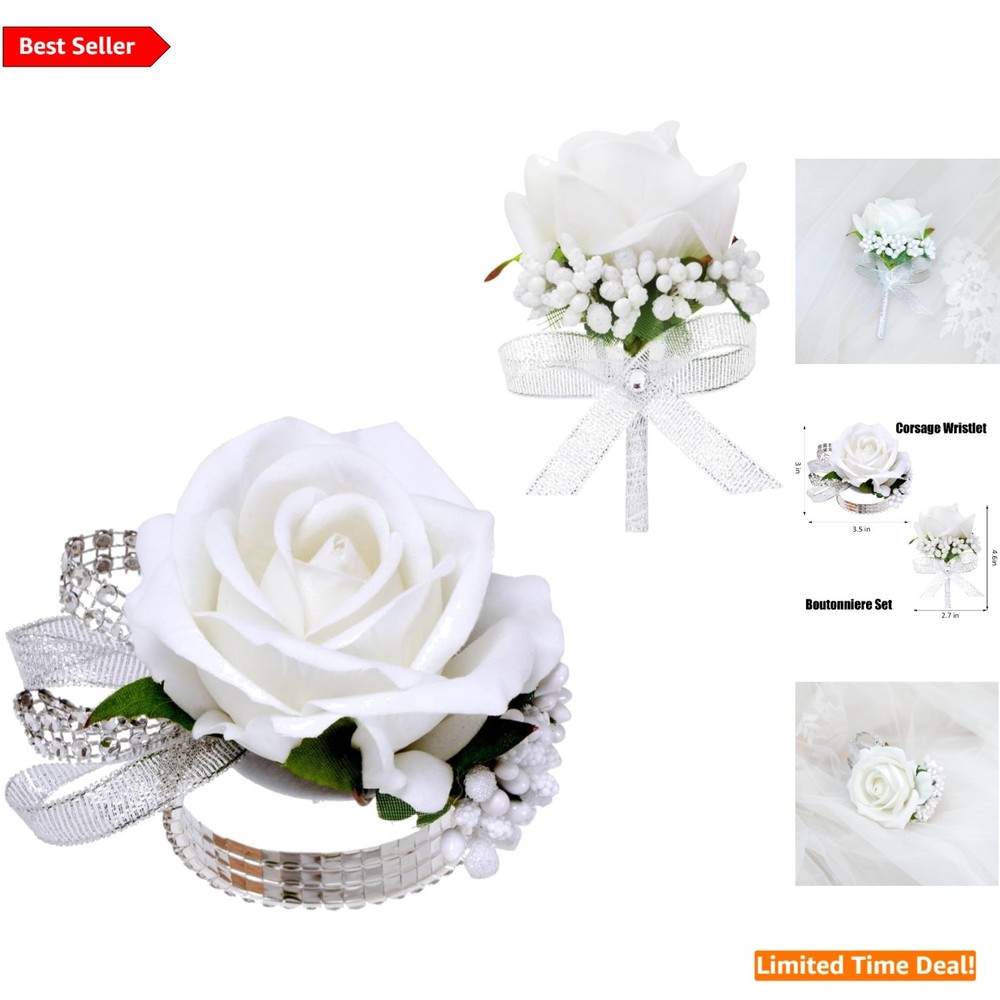 Artificial White Rose Boutonniere & Wrist Corsage Set – Lightweight & Stylish