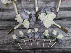 12 Piece Wedding Bouquet Set, Purple, Ivory, Rose, Peony, Vintage Style Bouquets