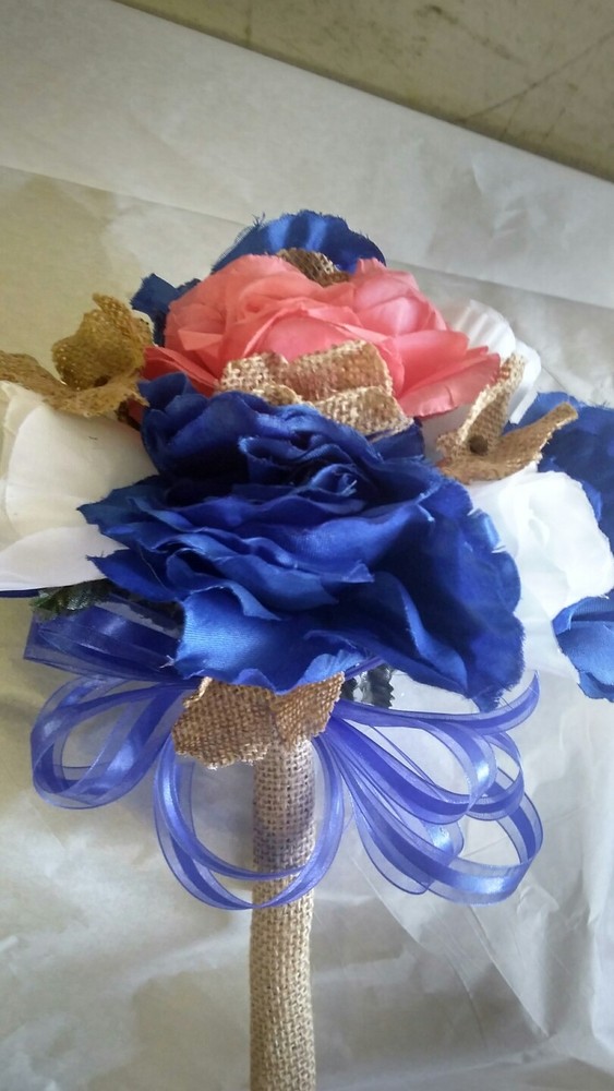 Royal blue and coral peach with burlap Bridal Bouquet Silk Wedding Flowers