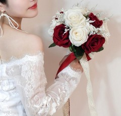 Wedding Bouquet Artificial Rose Burgundy White Ribbon Lace 10.2″x8.6″ S