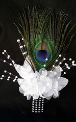 Peacock Feather Wedding BOUTONNIERE, White flower, CORSAGE,PROM,Quinceañera,Gift