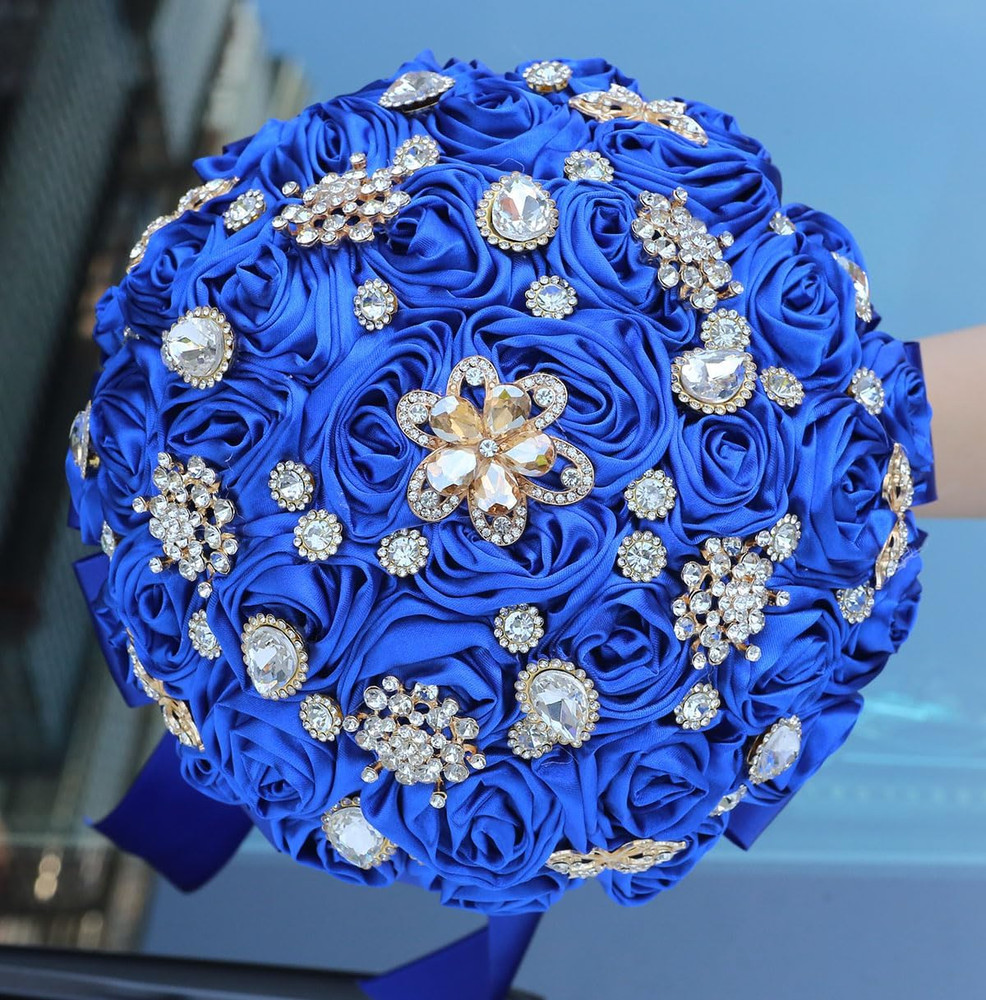 9.8″ Royal Blue Bridal Wedding Bouquet round Bling Brooch Bouquet Throw Toss Art