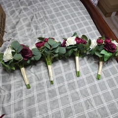 4 Burgundy & White Bridesmaids Bouquets and 1 Burgandy & White Bridal Bouqet