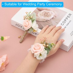 Artificial Rose Flower Wrist Corsage Boutonnieres with Pin Set Light Pink