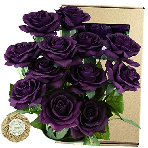 12 Stems Artificial Flowers Real Touch Silk Roses for Mysterious Purple