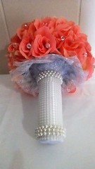 PEACHES AND CREAM WEDDING BOUQUET- PEACH/CREAM/PEARLS/SILVER TULLE-RHINESTONE PI