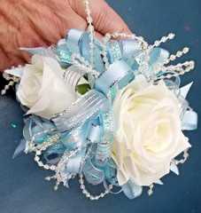 Light Blue and Ivory SILK Flower Wrist Corsage & Boutonniere Set, Prom, wedding