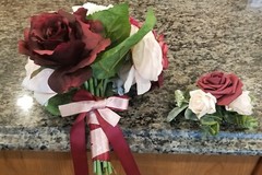 Bridal burgundy and blush wedding bouquet with matching hair comb
