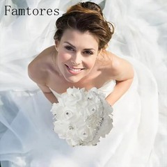 Real Touch Wedding Bouquet White Roses Crystal Bling Handle Silk Bridal Flowers