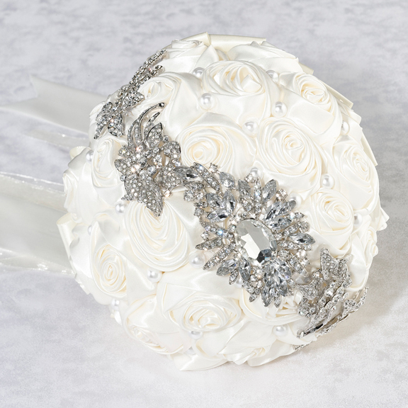 Bridal Bouquet Bride Wedding Ceremony Cream Satin Rose pearls rhinestones