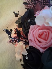 Pink Black Wedding Bouquet and Boutonniere, 2pc Set