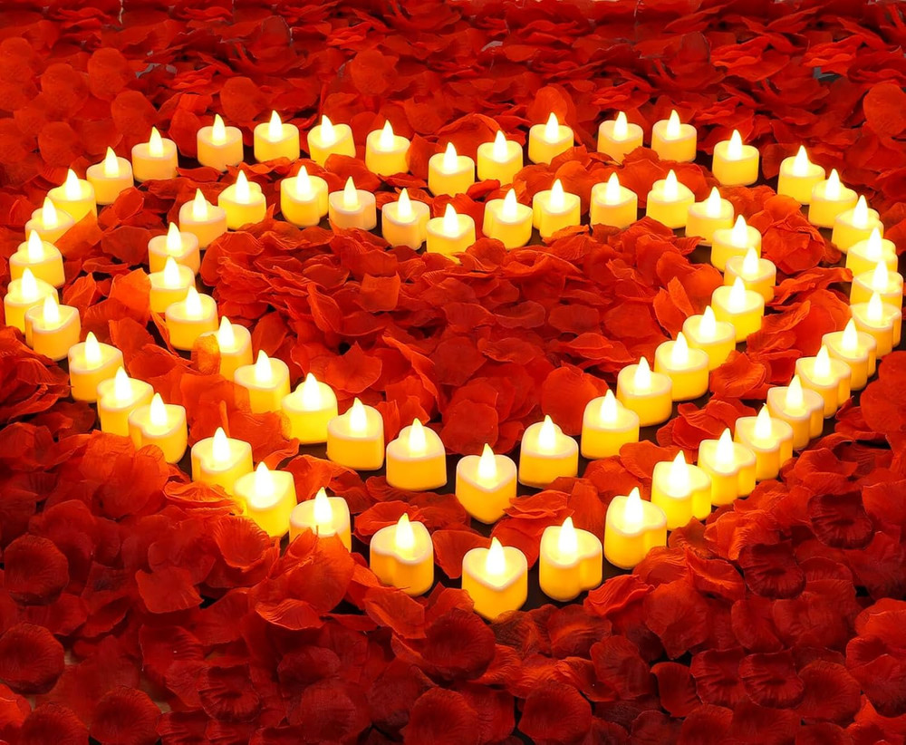 Rose Petals and Candles Set, 6000 Pieces Fake Rose Petals and 72 Pieces Heart Ca