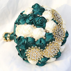 Emerald Green Ivory Bridal Wedding Bouquet with Gold Rhinestone Pearl for Quince