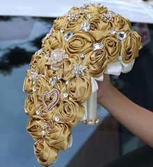 Satin/Brooch Rhinestone Gold Golden Flower Floral Wedding Bridesmaid Bouquet