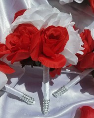 12 Pc Red & White Wedding Bouquet Set, Bouquet Package, Cascade, Red,White Roses
