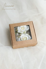 Ivory Rose Wrist Corsage Bracelet Wristlet Band and Men Boutonniere Set for Whit