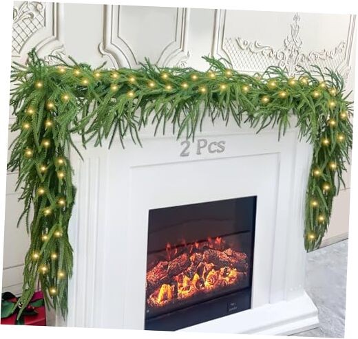 2Pcs 6 Ft Artificial Norfolk Pine Garland with 50 LED Lights,Winter Pine